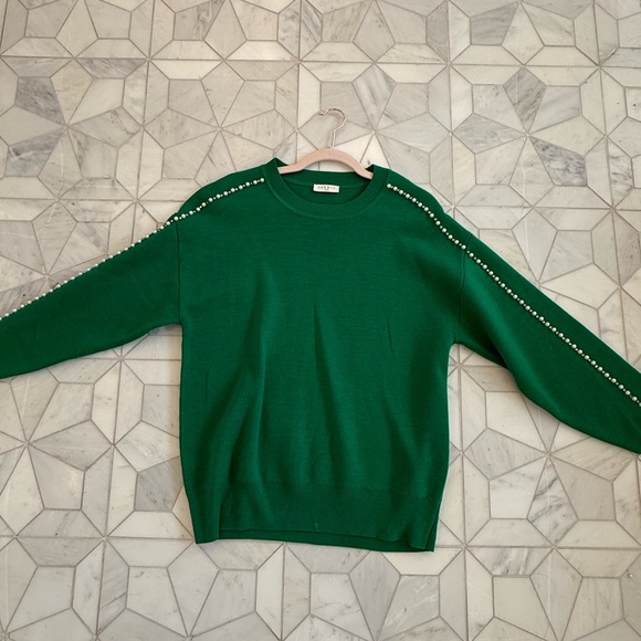 Sandro Green Crew Neck Sweater with Pearl Sleeve Accents - Picture 2 of 2